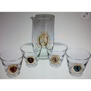 VTG Federal Glass Company Baronet Lion Crest Cocktail 5 Piece Set Gold Trim USA